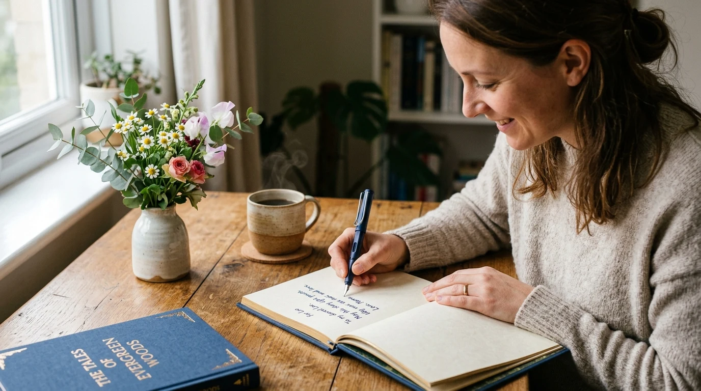 A mother carefully writing a heartfelt handwritten dedication message inside a keepsake storybook