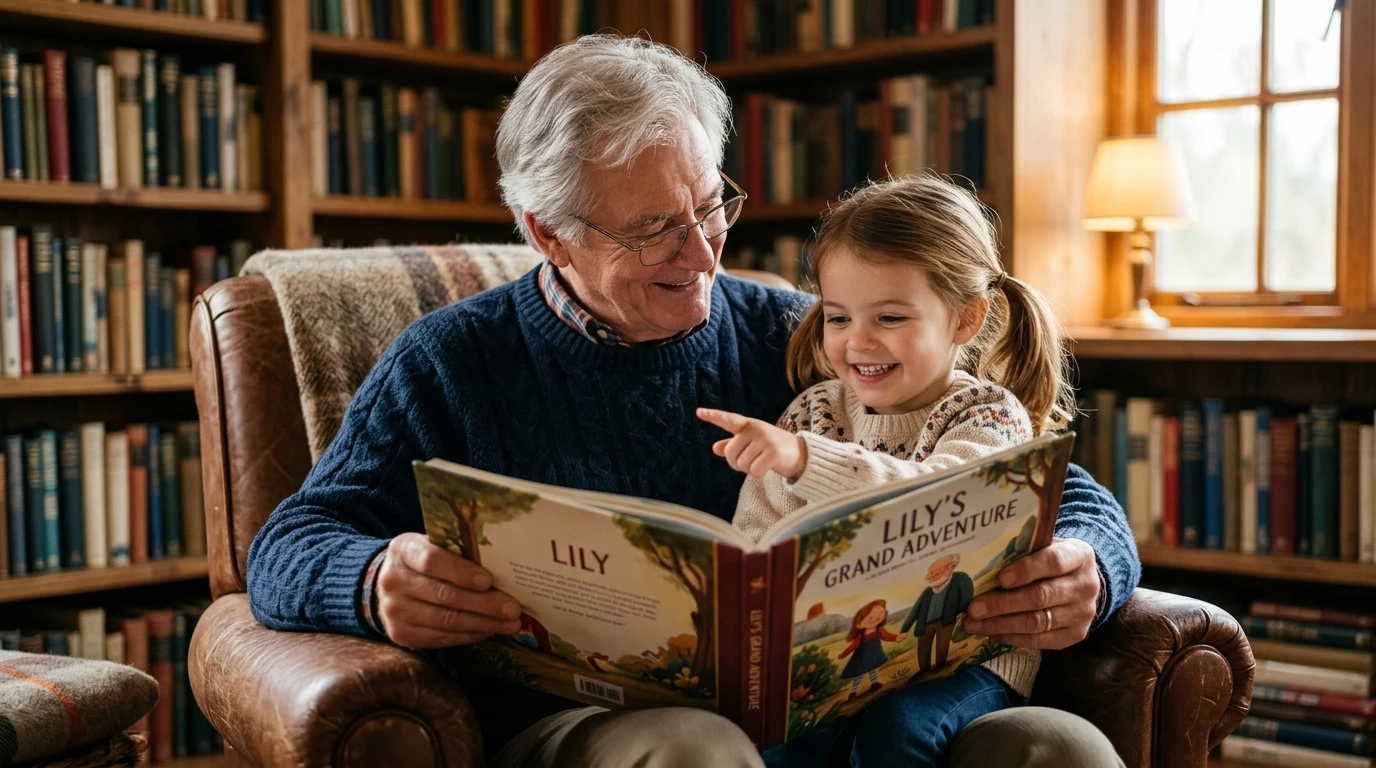 Loving grandfather and young granddaughter enjoying their personalized keepsake story together