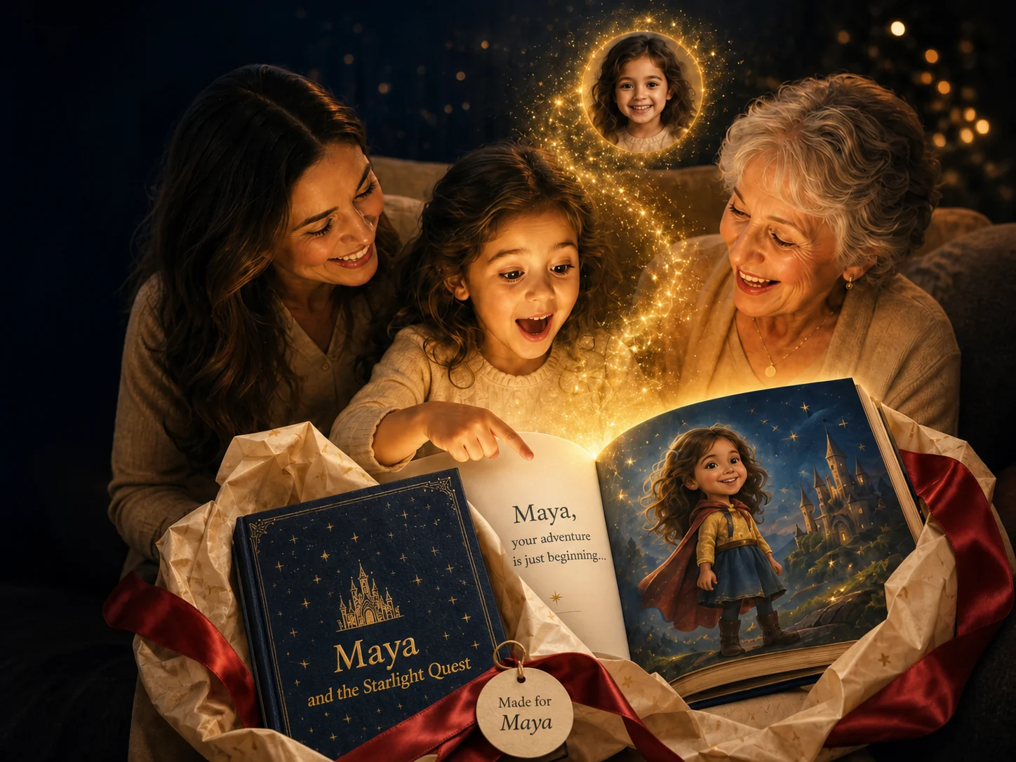 A child discovers herself as the hero of a personalized storybook while her mother and grandmother share the moment
