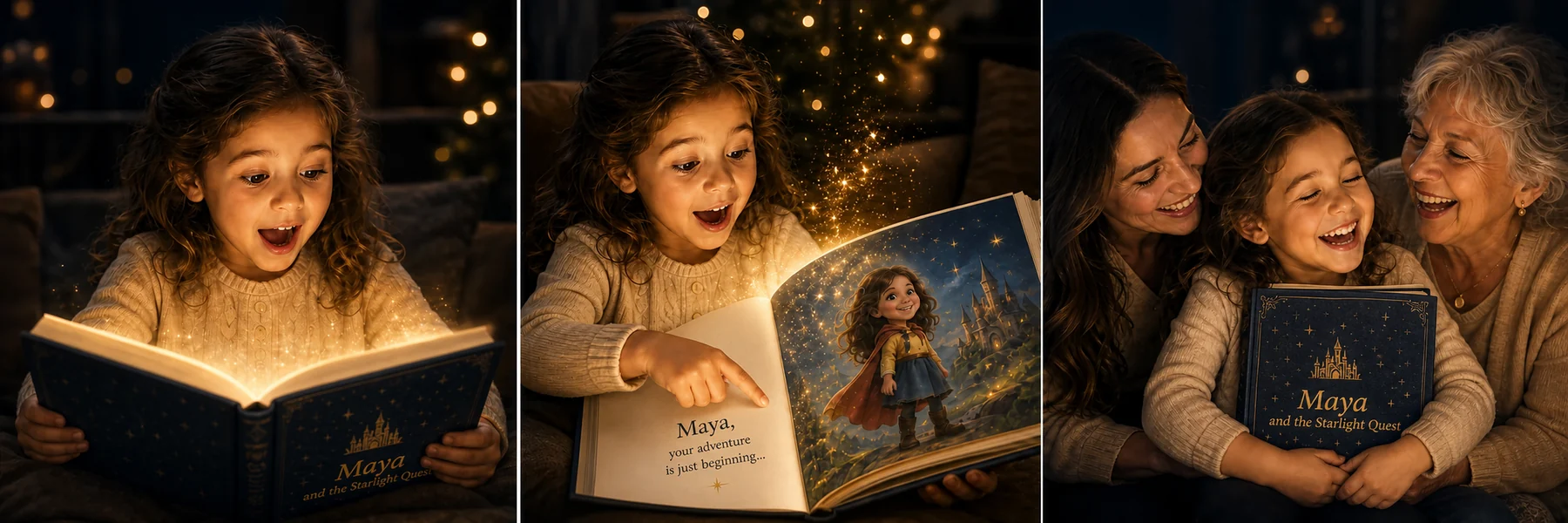 A child opens her book, spots herself inside, and celebrates with her family