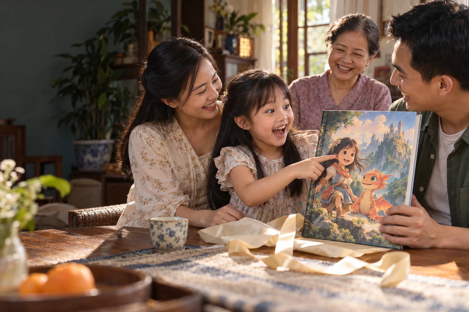 Bé vui mừng nhận sách tranh có hình mình trên bìa từ bố mẹ, bên cạnh bà